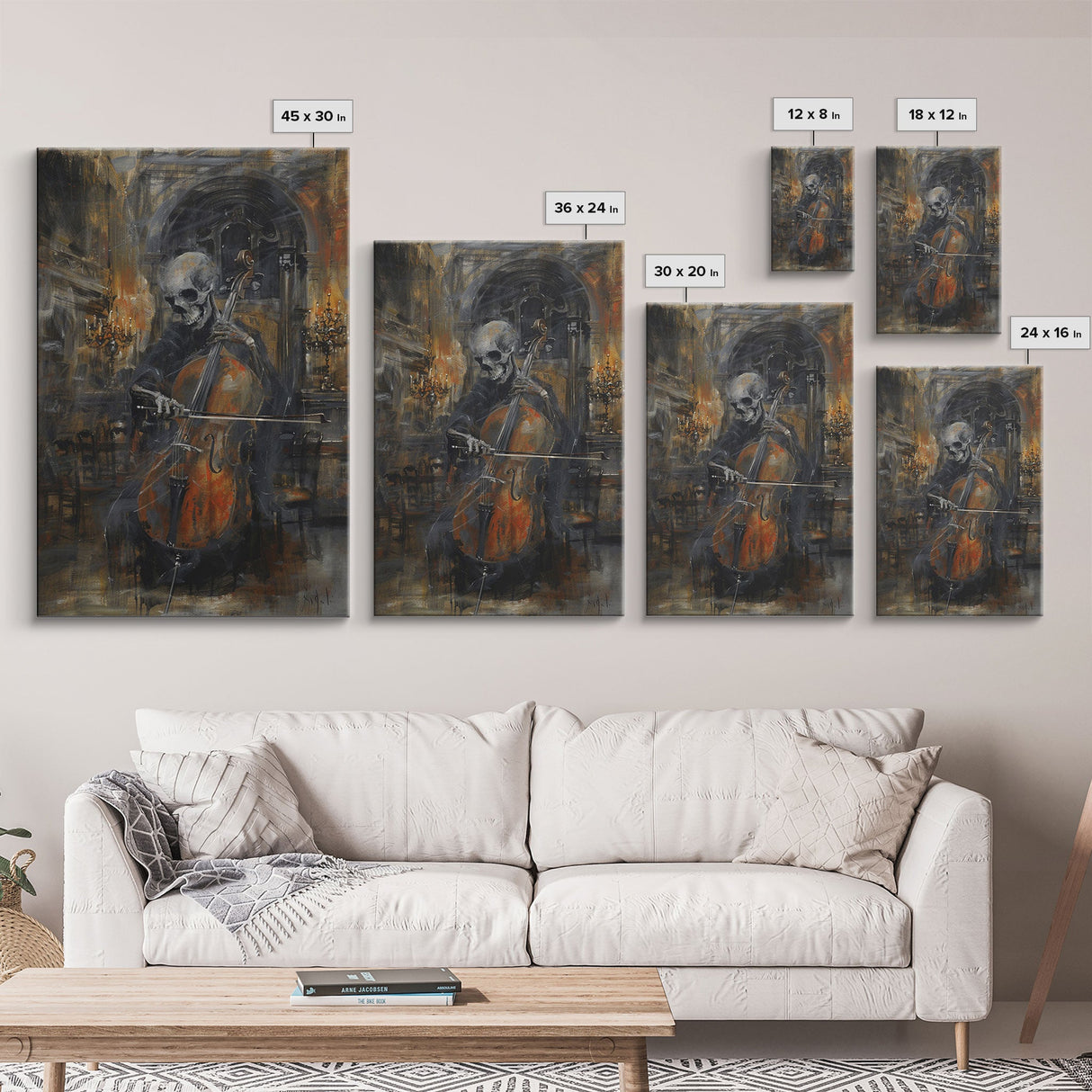 Skeleton Cellist in Gothic Cathedral | Halloween Wall Art | Spooky Home Decor | Creepy Skeleton Musician Painting | Framed Canvas Print