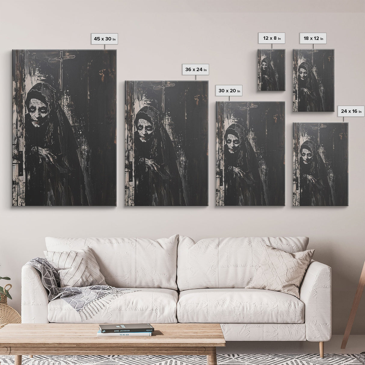 Haunted Nun with Eerie Expression, Framed Canvas Print, Gothic Halloween Art, Spooky Religious Decor, Scary Nun Painting, Gothic Home Art