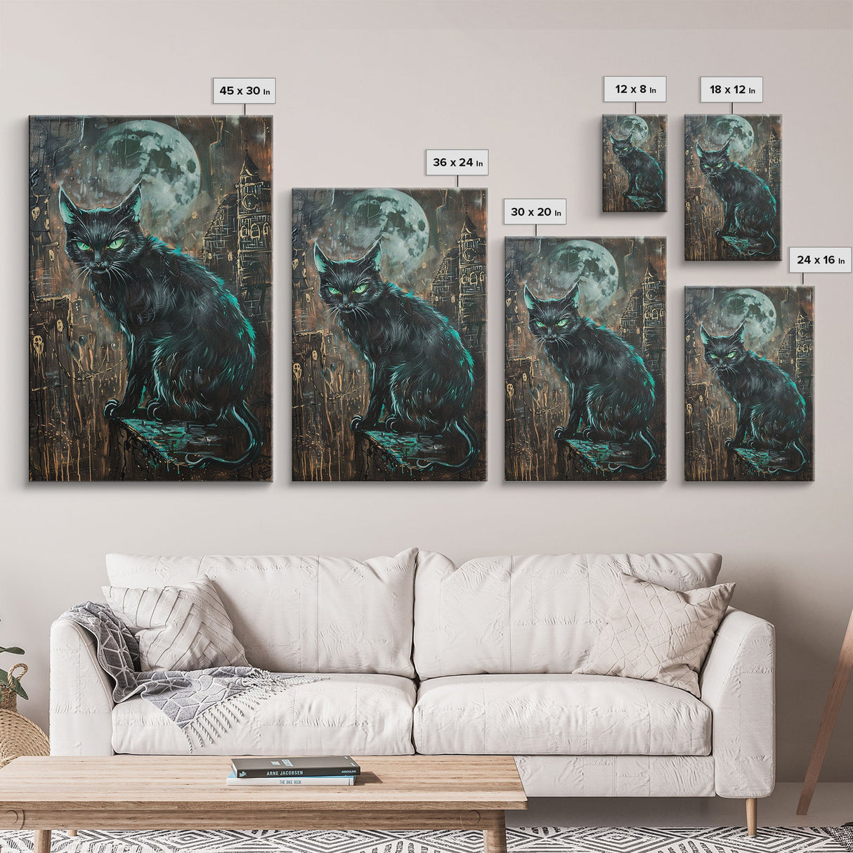 Black Cat with Piercing Green Eyes, Framed Canvas Print, Spooky Cat Art, Witchy Feline Decor, Halloween Wall Art, Gothic Cat Decor