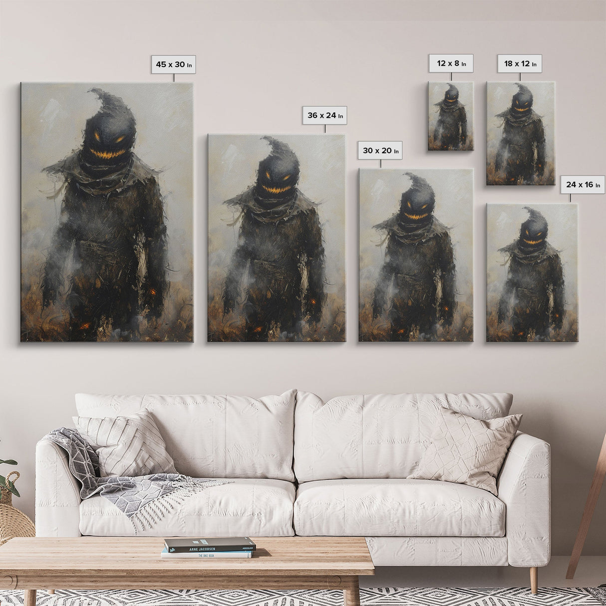 Scarecrow with Glowing Eyes in Dark Field, Framed Canvas Print, Halloween Scarecrow Art, Spooky Farm Decor, Creepy Harvest Illustration