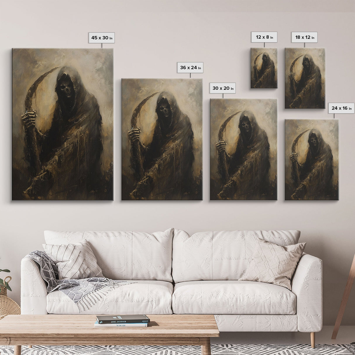 Haunting Grim Reaper with Scythe - Dark Halloween Nightmare Gothic Art Framed Canvas Print, Spooky Wall Decor