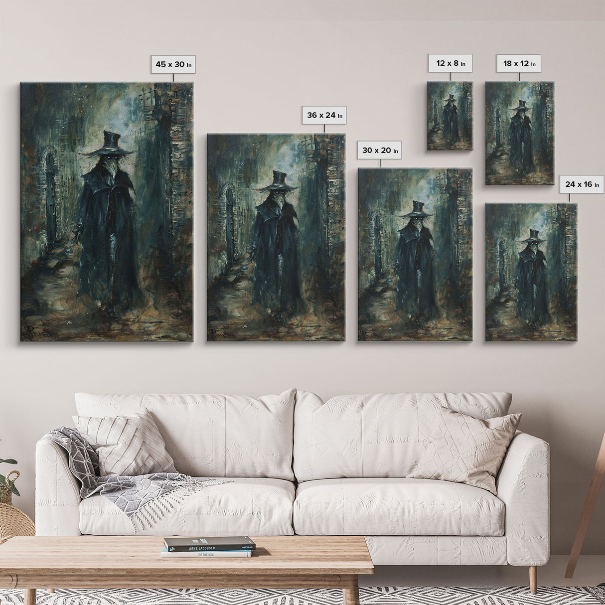 Ghostly Figure in Victorian Attire - Eerie Night Stalker Gothic Art Framed Canvas Print, Halloween Haunted House Decor