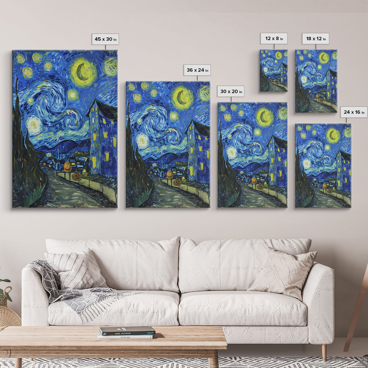 Starry Night Inspired Haunted Halloween Village Framed Canvas Print, Van Gogh Inspired, Spooky Season Halloween Art