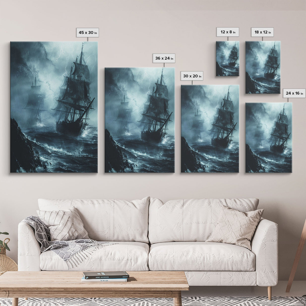 Ghost Ship in Storm Halloween Art, Spooky Maritime, Haunted Ocean, Creepy Seascape, Stormy Night, Framed Canvas Print