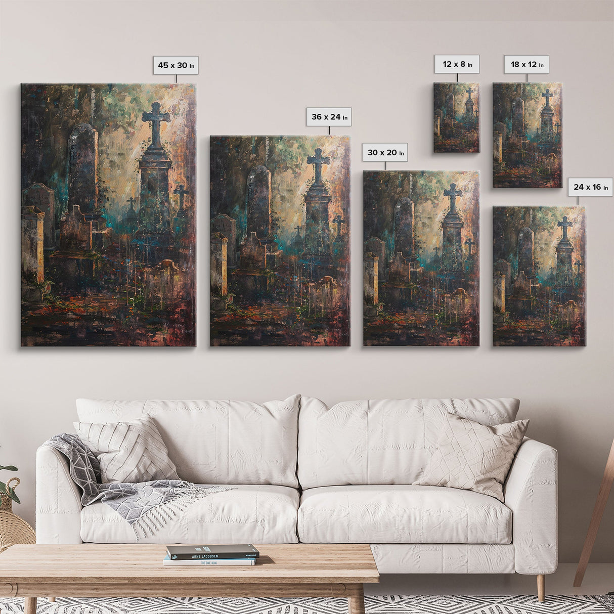 Gloomy Cemetery Halloween Art, Spooky Graveyard, Haunted Cemetery, Creepy Gravestones, Dark Artwork, Framed Canvas Print