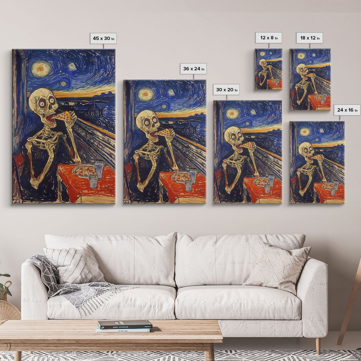 Spooky Skeleton Dude Eatin' a Pizza, Starry Night Inspired Funny Halloween Art, Framed Canvas Print