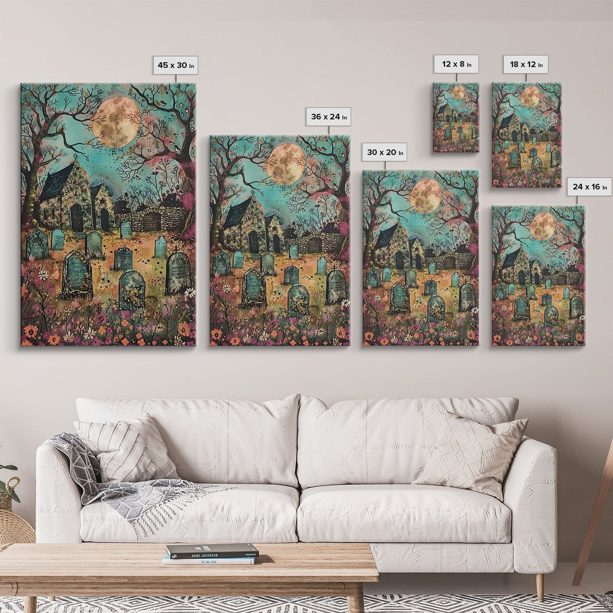 Haunted Churchyard Framed Canvas Print, Halloween Art, Gothic Cemetery, Spooky Church, Haunted Scene, Eerie Moonlight, Halloween Decor