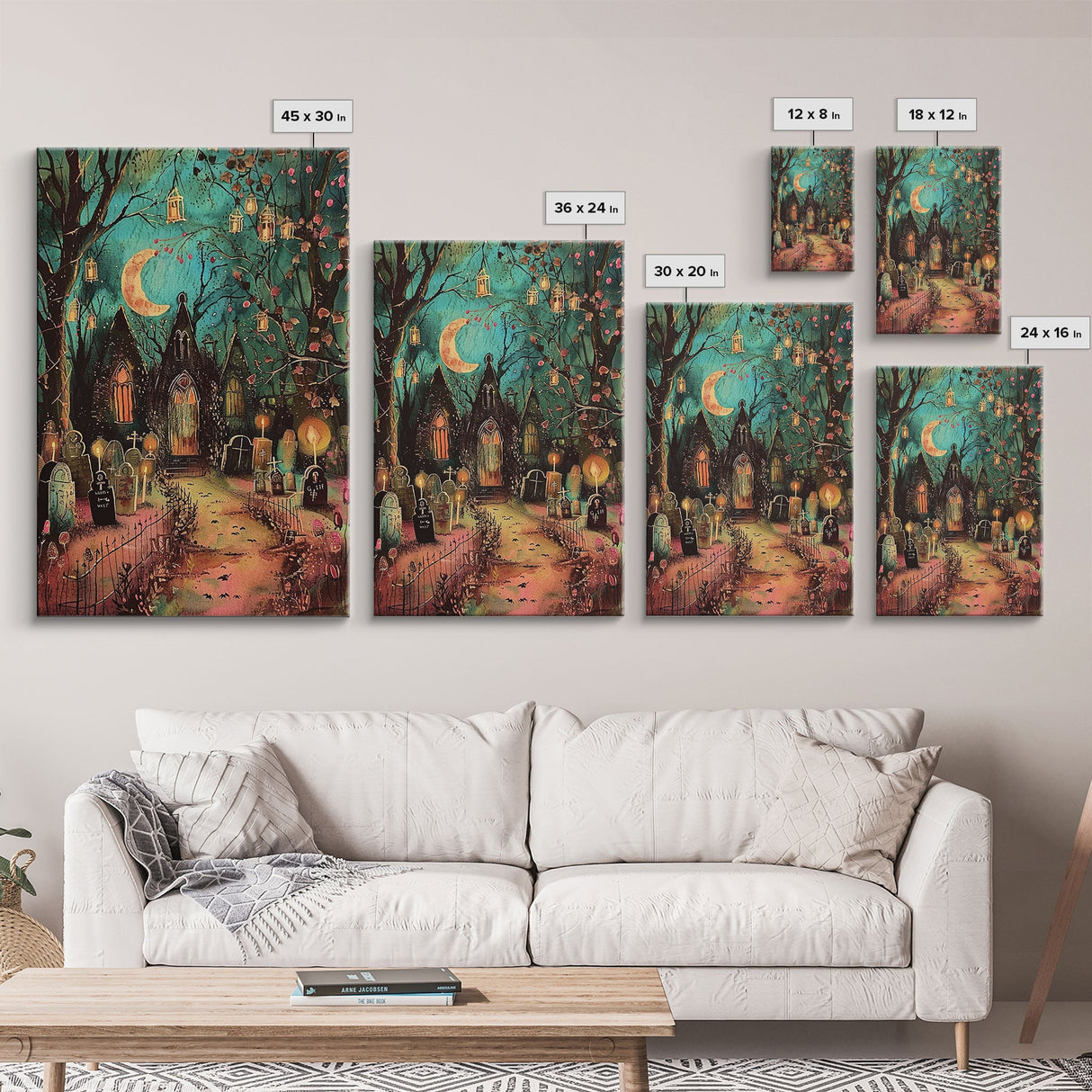 Gothic Churchyard with Moon and Lanterns Framed Canvas Print, Wall Art, Spooky Home Decor, Halloween Cemetery, Gothic Art, Haunted Graveyard