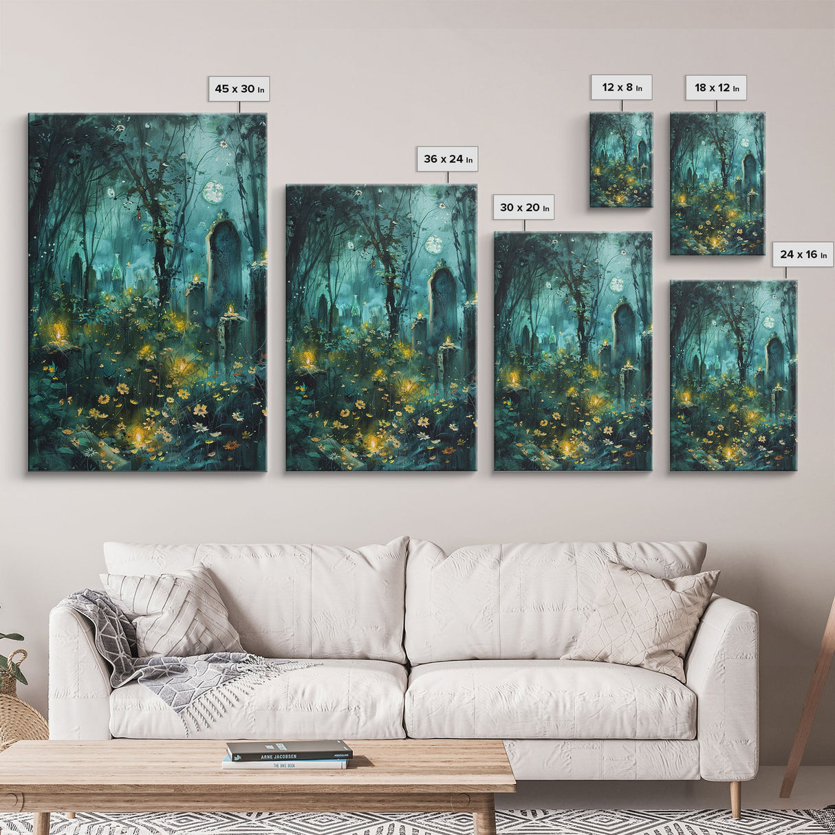 Haunted Forest Cemetery Framed Canvas Print, Wall Art, Spooky Graveyard Art, Eerie Home Decor Halloween Forest Painting Halloween Decoration