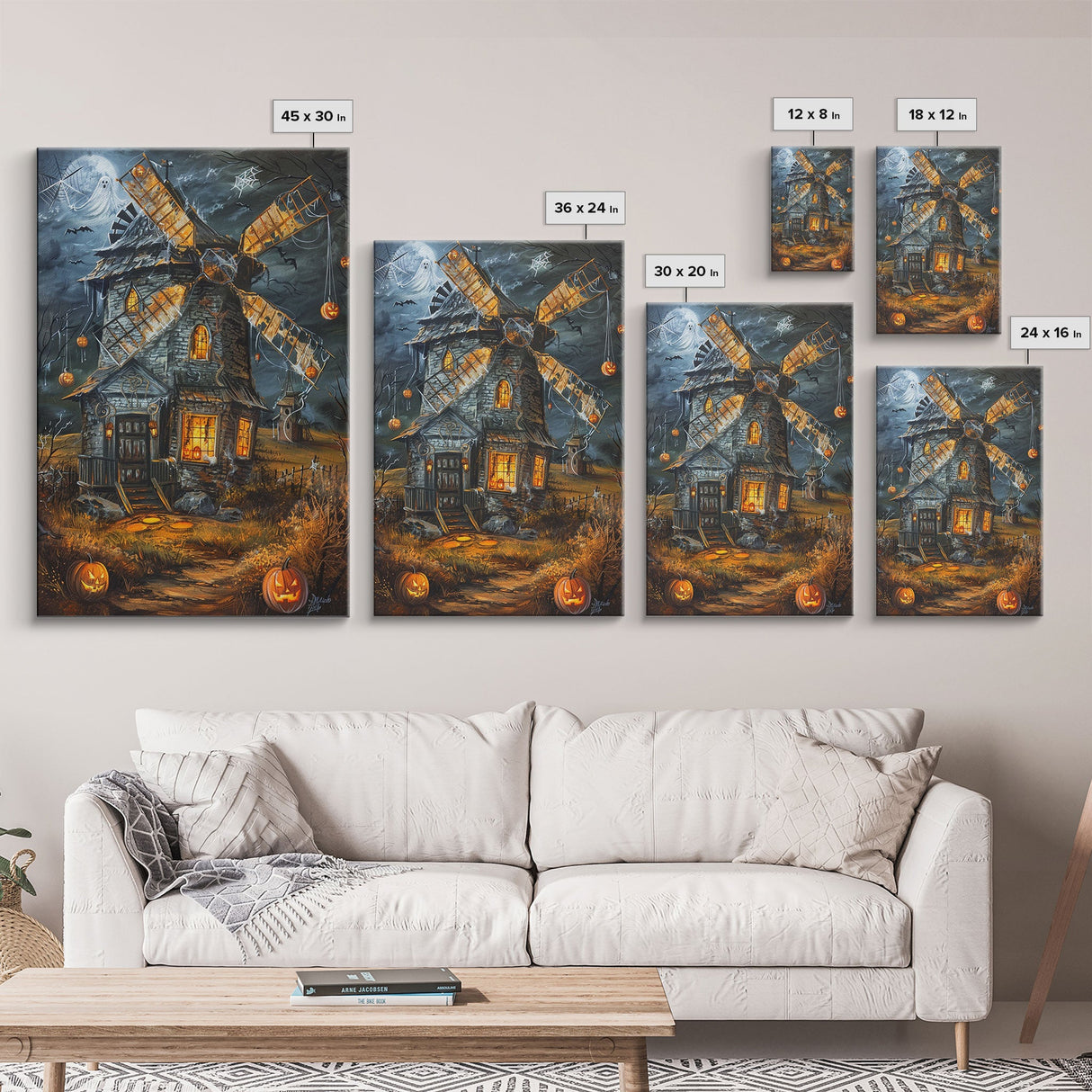 Spooky Windmill with Pumpkins Framed Canvas Print, Wall Art, Halloween Home Decor, Haunted Windmill Painting, Eerie Artwork, Halloween