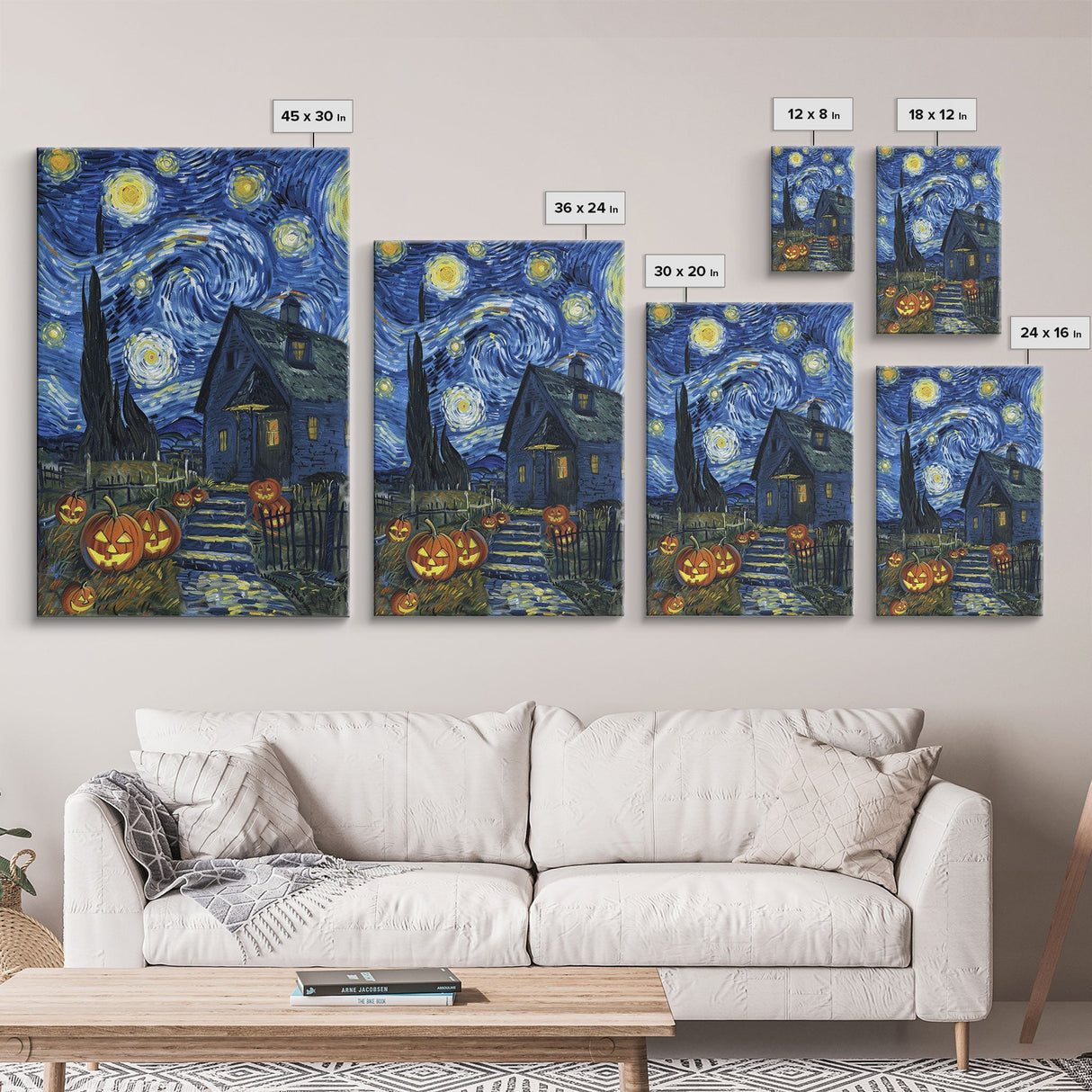 Spooky Starry Night with Jack-O-Lanterns Framed Canvas Print, Halloween Wall Art, Starry Night Inspired, Home Decor, Spooky Art, Living Room