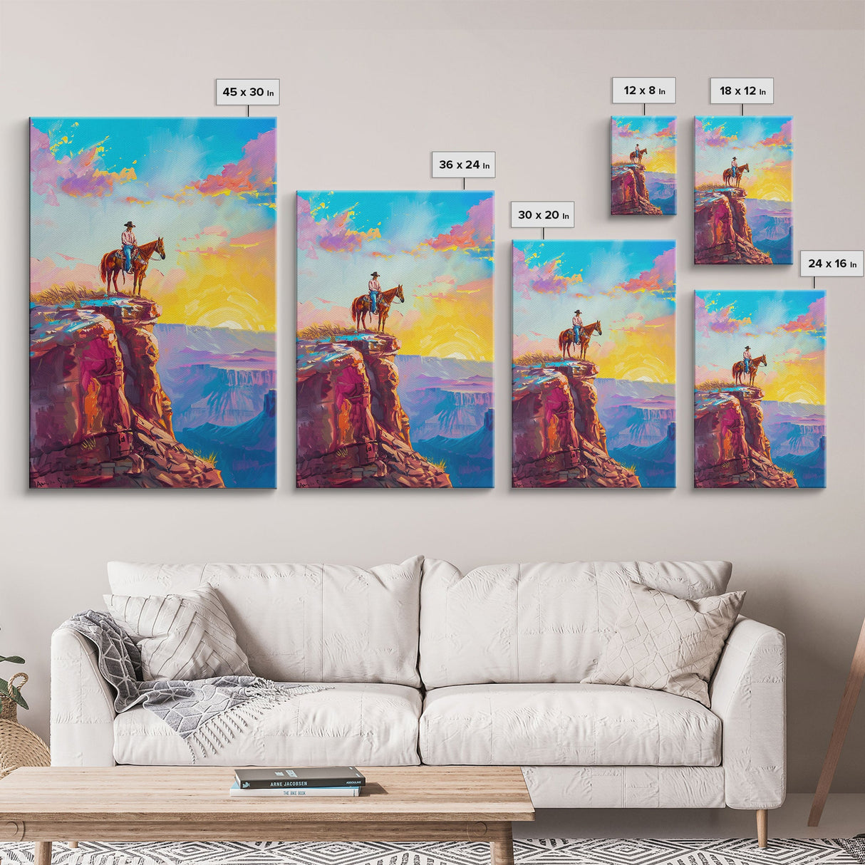 Cowboy on Cliff Edge at Sunrise - Colorful Western Landscape Painting, Framed Canvas Print, Sunrise Wall Art, Living Room Decor
