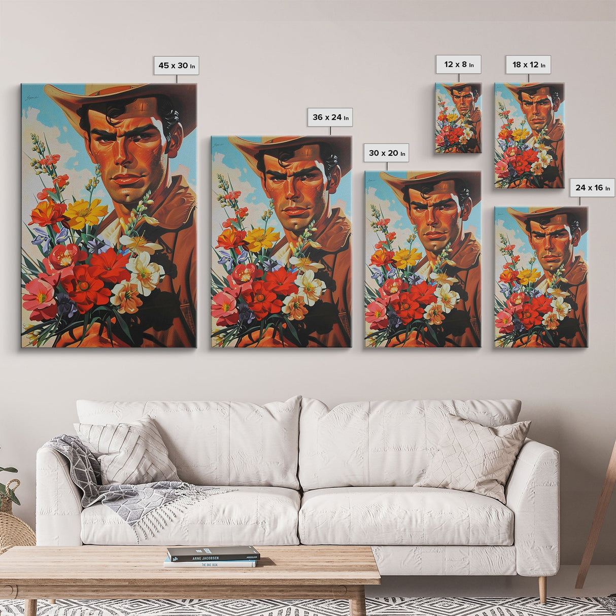 Cowboy with Bouquet of Flowers - Framed Canvas Print, Western Living Room Art, Rustic Bedroom Decor, Americana Art, Wall Art