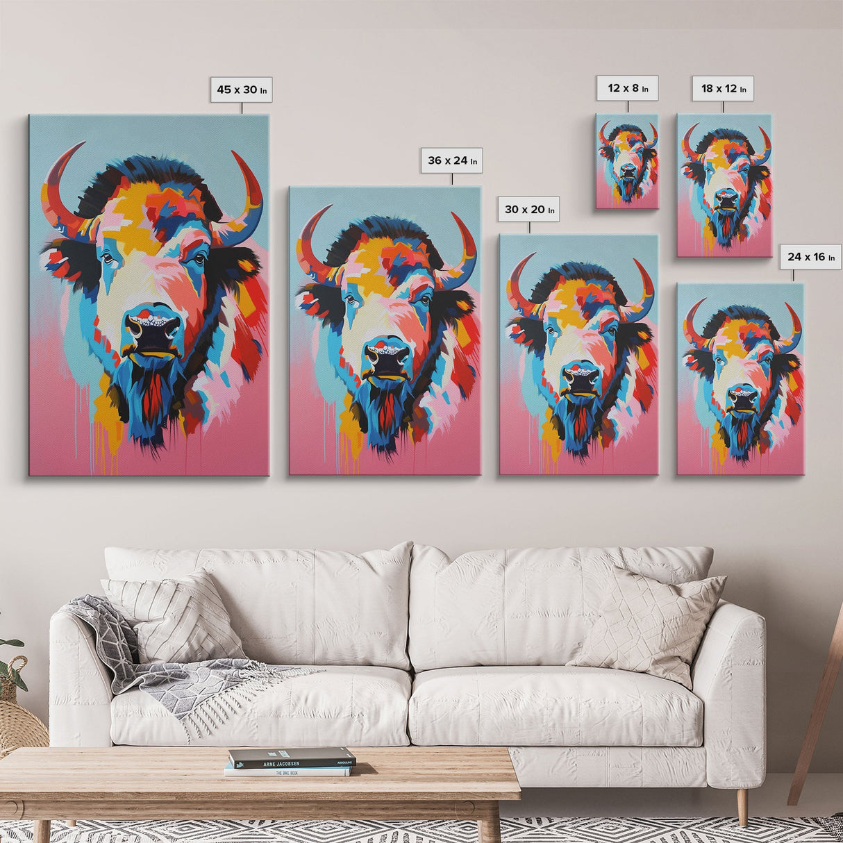 Colorful Bison Head in Pop Art Style - Framed Canvas Print, Animal Decor, Bison Art for Bedroom, Vibrant Wall Art for Living Room