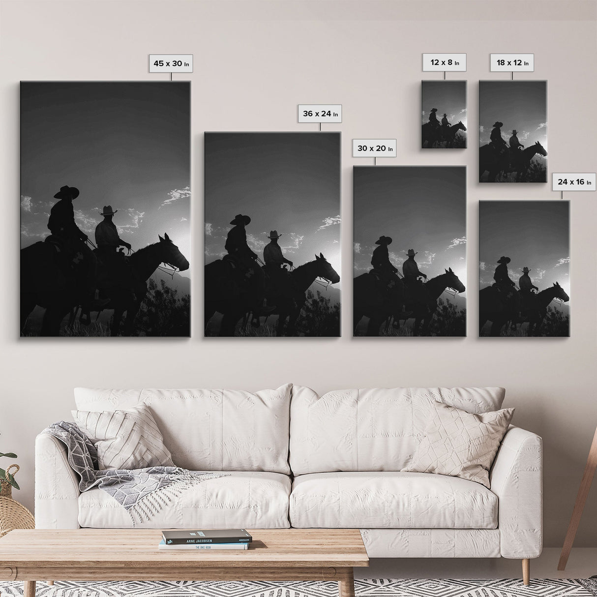 Two Cowboys Riding at Sunset in a Serene Black and White Western Landscape for Wall Art, Canvas Prints, Home Decor, Living Room Art