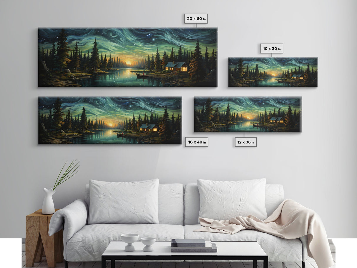 Vah Gogh Inspired Starry Night Farmhouse Painting Framed Canvas Print, Beautiful Minimalist Landscape Painting, Wall Art