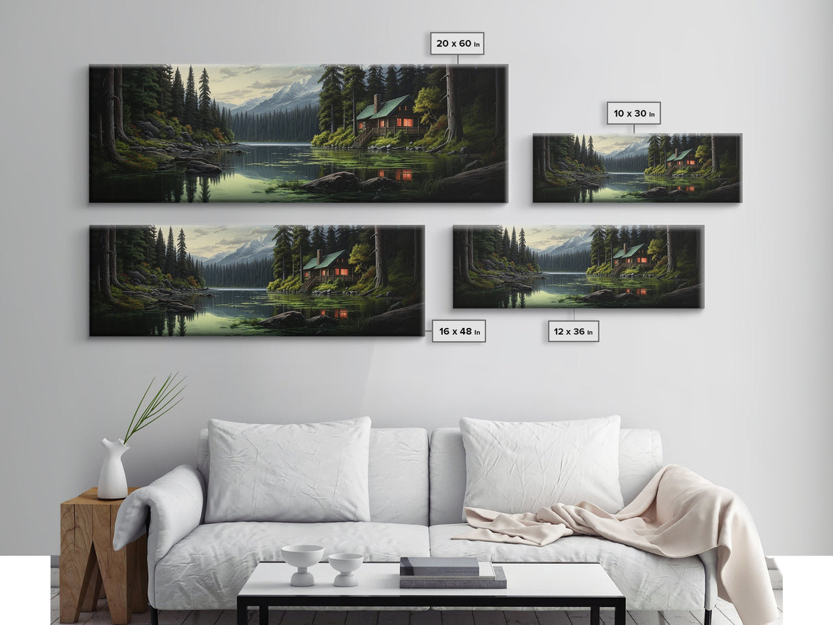 Cozy Cabin on The Lake, Framed Canvas Print, Farmhouse Decor, Landscape Painting, Unique Wall Art