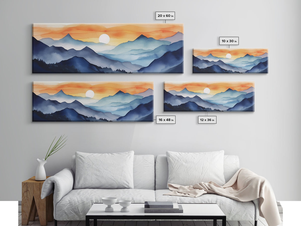 Midcentury Modern Watercolor Painting of a Mountain Sunset, Large Canvas Print, Mountain Artwork, Guest Room Art, Mountain Print