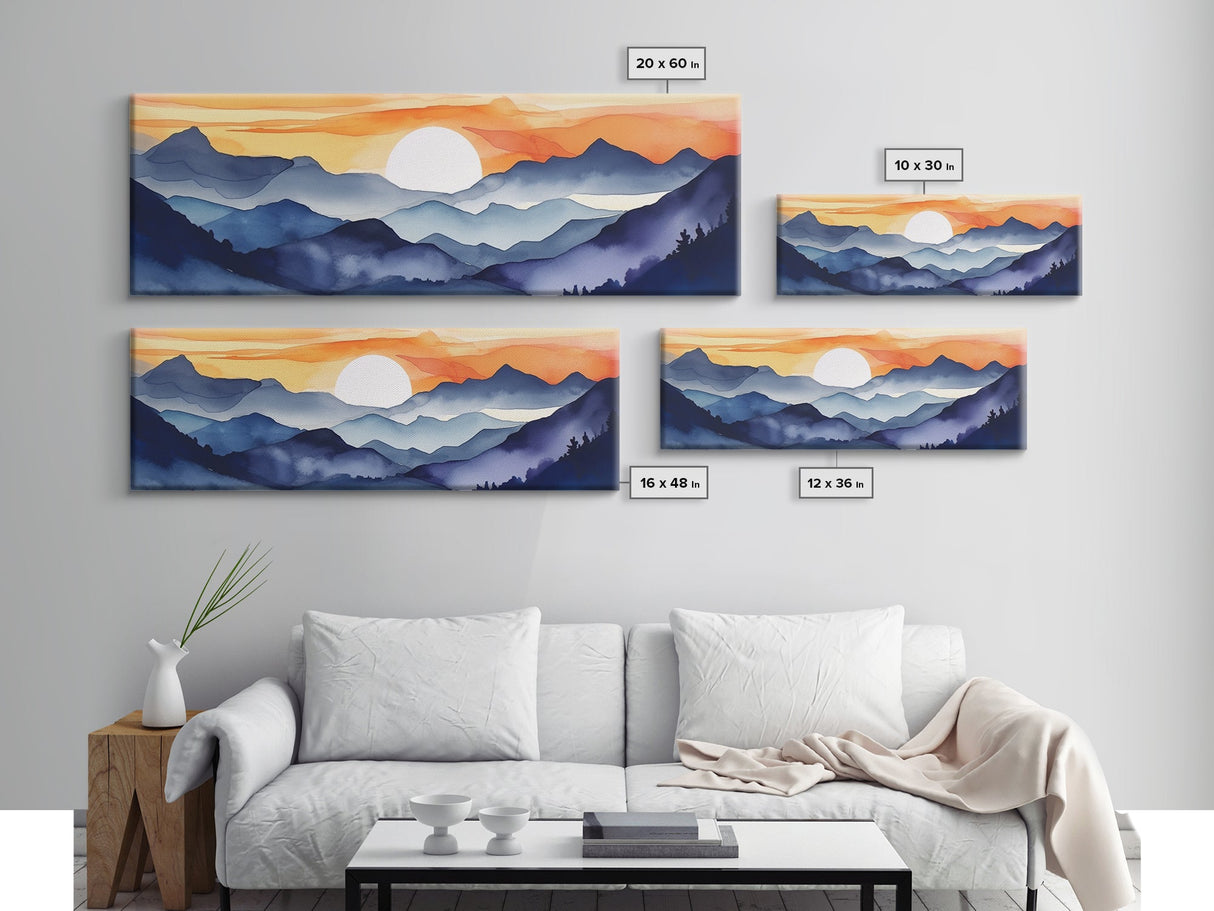 Midcentury Modern Watercolor Painting of a Mountain Sunset, Large Canvas Print, Mountain Artwork, Guest Room Art, Mountain Print, Panoramic