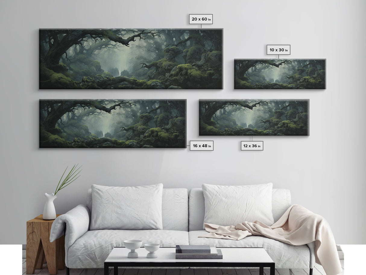 In The Forest - Ready To Hang Panoramic Foggy Pine Forest Canvas Wall Art, Nature Wall Art, Misty Green Forest Print, Modern Home Decor