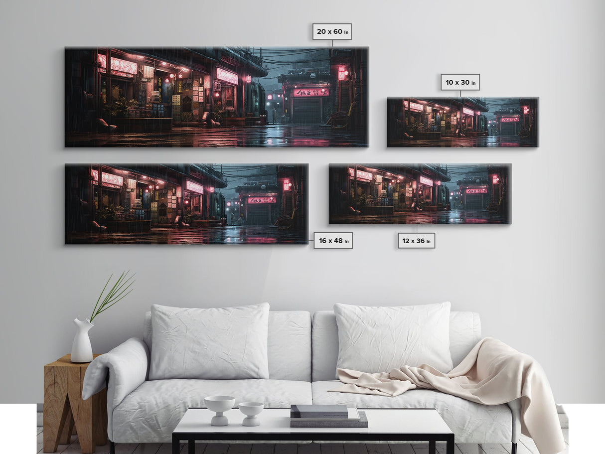 Panoramic Tokyo Streets Wall Art, Framed Canvas Print, Retro Style Japanese Painting, Winter Decor, Panoramic Art, office décor, room décor