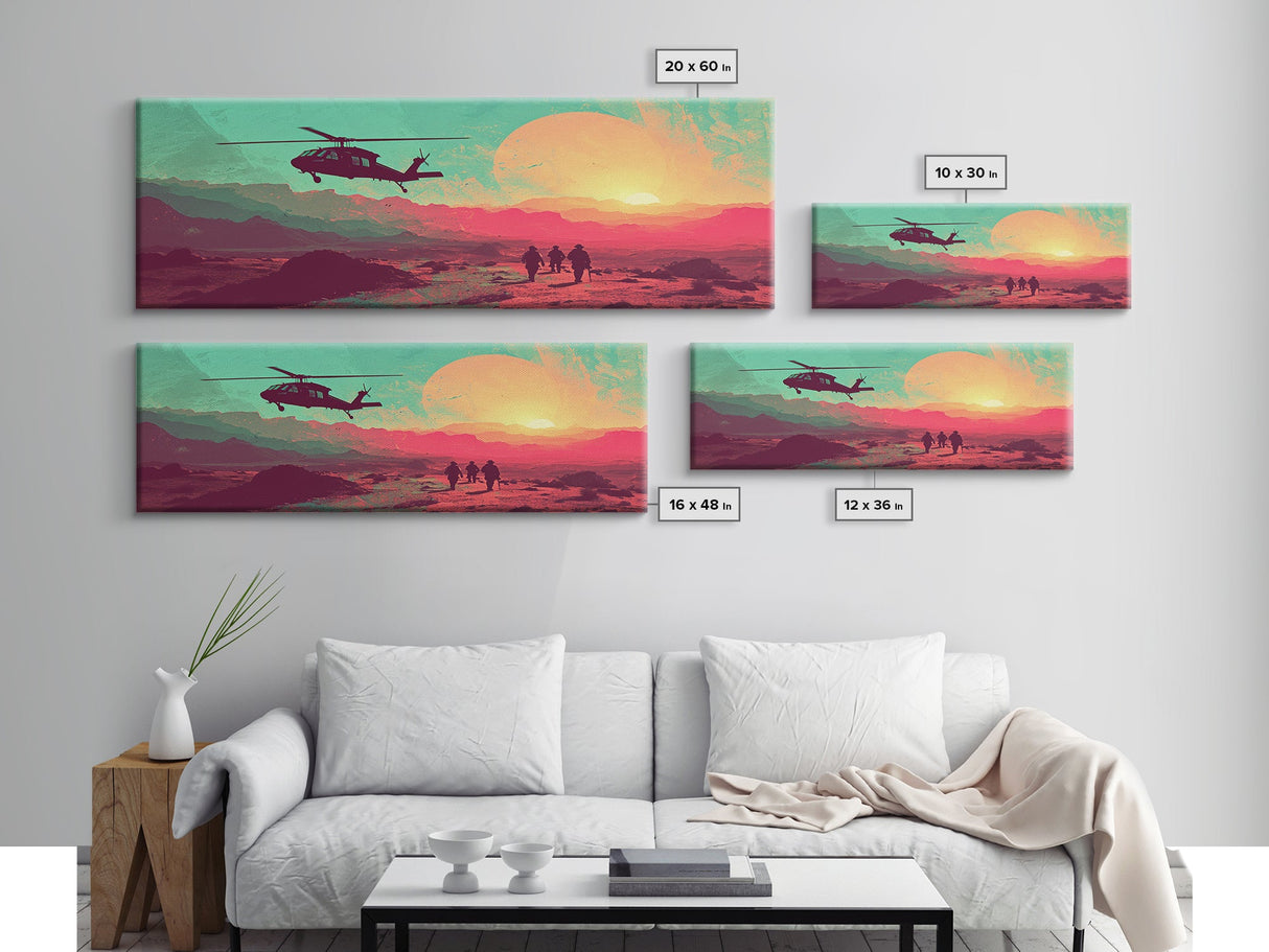 Sunset In The Iraqi Desert - OIF Art - Blackhawk Dustoff - Framed Canvas Print - Veteran Art - OEF, Operation Iraqi Freedom, Retro Military