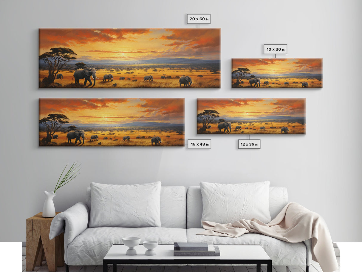 Savanna Wall Art, Framed Canvas Print, Elephants of Africa, Colorful Wall Art, Above Couch Art, Guest Room Decor