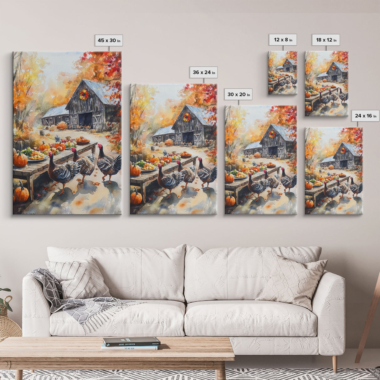 Painting Of A Barn In The Fall, Framed Canvas Print, Thanksgiving Decor, Turkey Painting, Turkey Art