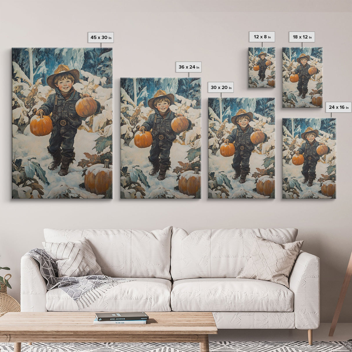 Cowboy Christmas Decor Framed Canvas Print with Pumpkin in Snow, Rustic Holiday Home Wall Art and Seasonal Gift Idea 2024