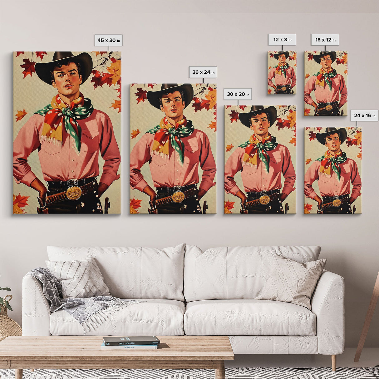 Cowboy Christmas Wall Art Canvas Print with Autumn Leaves, Seasonal Holiday Decor and Gift Idea 2024