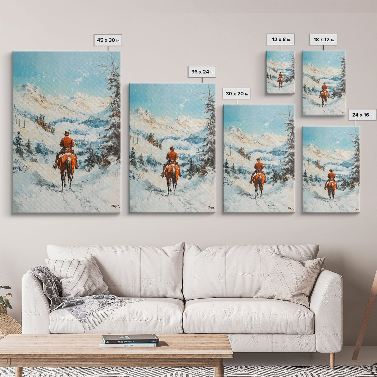 Cowboy Riding Through Snowy Mountains Framed Canvas Print Christmas Wall Art Winter Wonderland Decor Seasonal Wall Art Christmas Gift Idea
