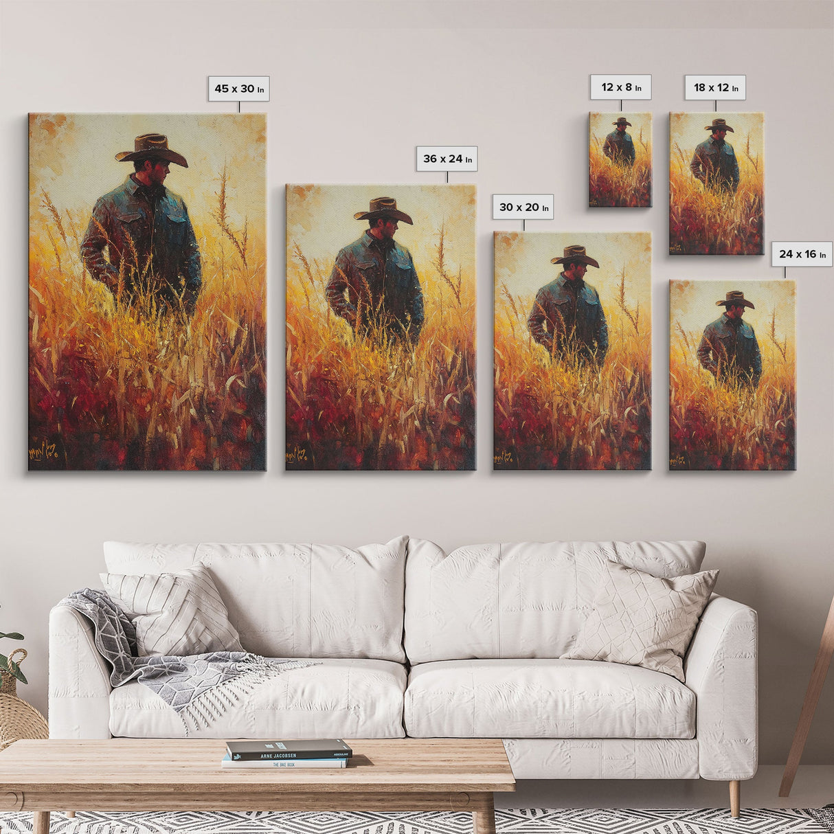 Cowboy in Golden Wheat Field Canvas Print, Western Landscape Art Gift, Seasonal Decor, Modern, Perfect Holiday Gift, Framed Canvas Print