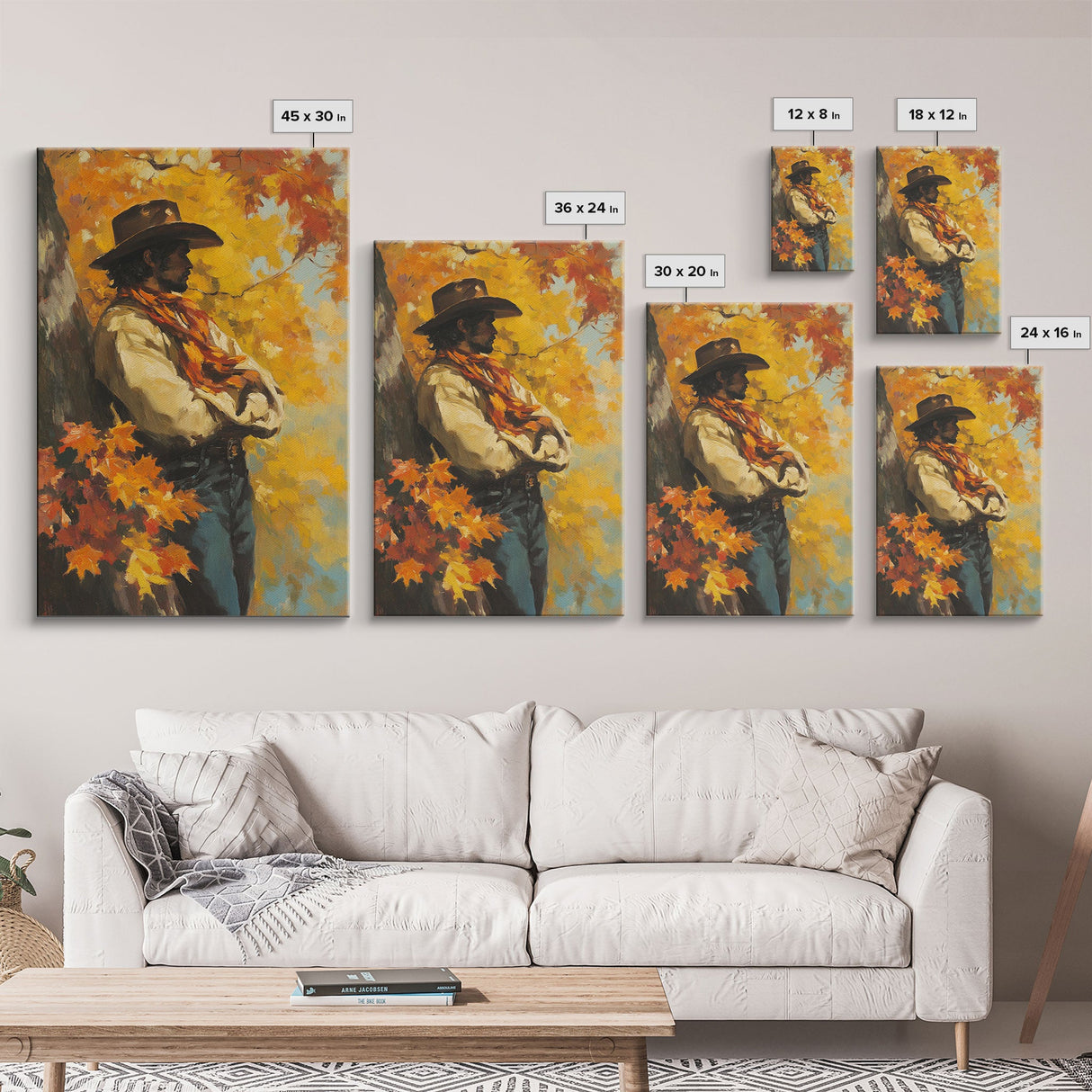 Cowboy Walking in Winter Forest at Sunset Canvas Print, Seasonal Western Wall Art, Rustic Christmas Wall Decor, Vibes, Framed Canvas Print