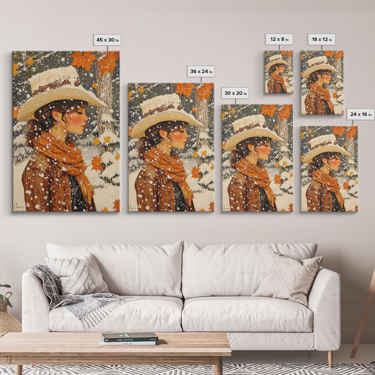 Snowy Cowgirl in Fall Scene Canvas Print, Seasonal Holiday Art, Rustic Christmas Decor, Farmhouse Wall Art, Winter Wonderland Wall Print
