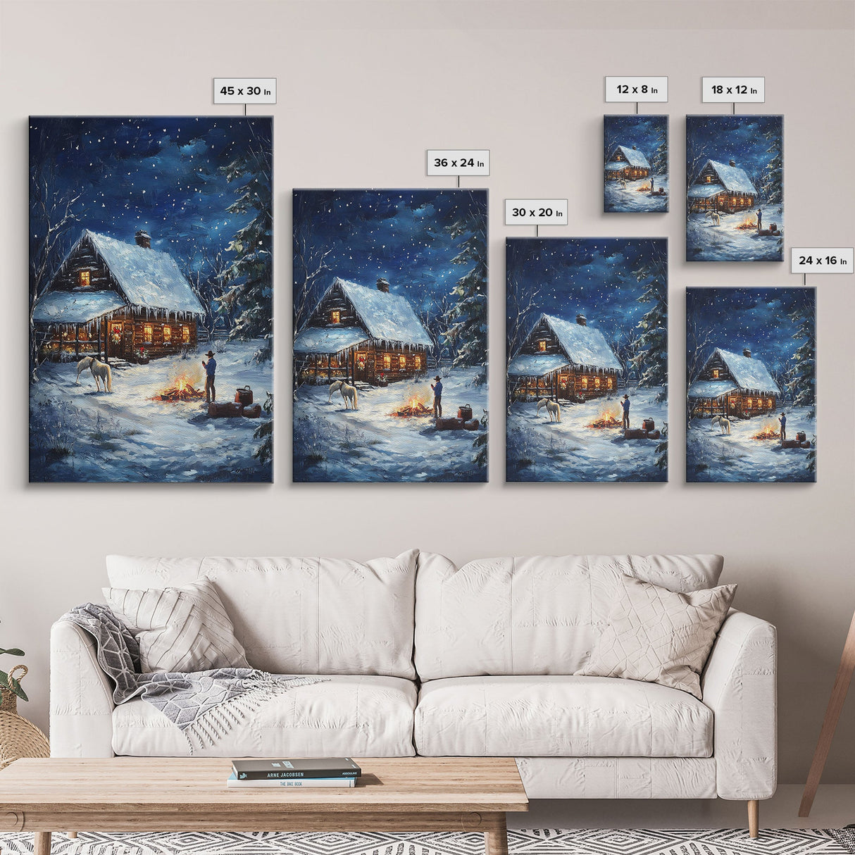 Cowboy Christmas by the Fire Framed Canvas Print, Western Holiday Decor with Snowy Cabin, Cozy Art Perfect for Rustic Christmas Winter Decor