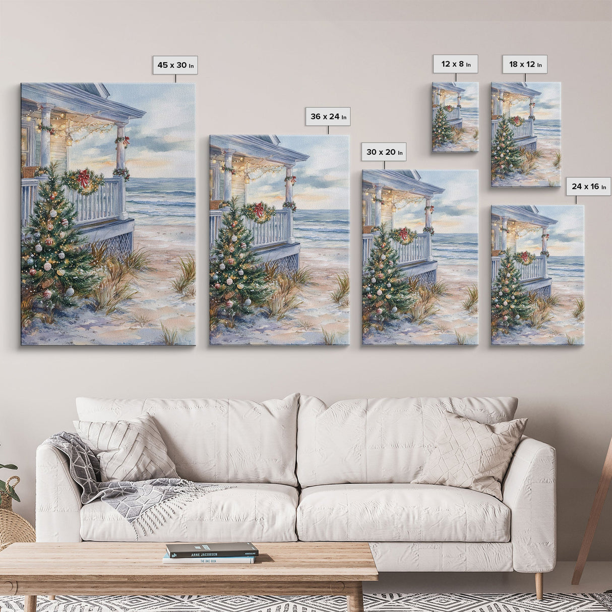 Coastal Christmas Tree Framed Canvas Print, Festive Holiday Decor Tree Beach and Ocean View, Nautical Wall Art Tropical Christmas Decor