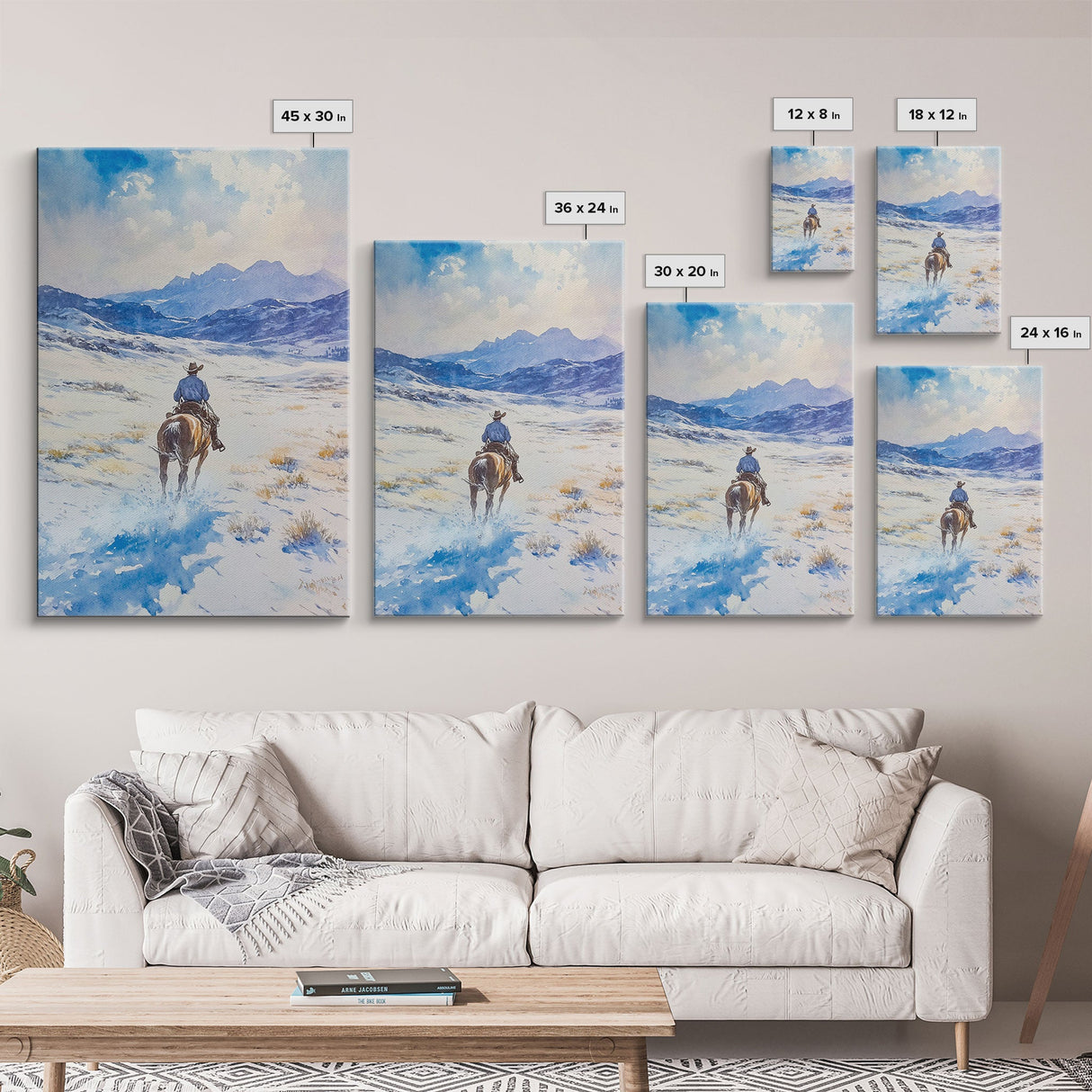 Cowboy riding through snowy mountain pass, Framed Canvas Print, western winter landscape wall art, farmhouse holiday decor Christmas gift