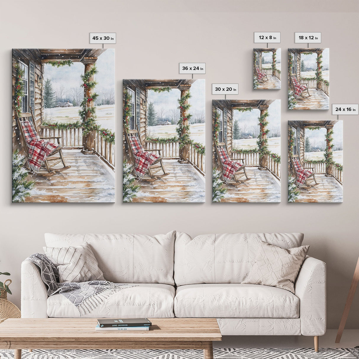 Farmhouse porch decorated with garland and cozy rocking chair, Framed Canvas Print winter decor idea for rustic home Christmas wall art