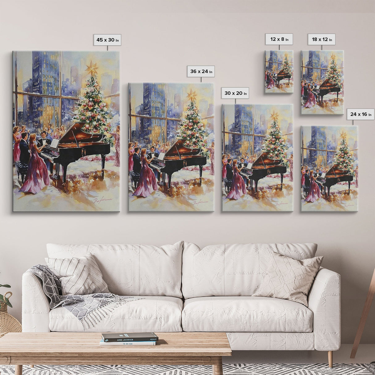 Elegant Christmas party with grand piano and city skyline view Framed Canvas Print, classy holiday wall art perfect seasonal decor idea