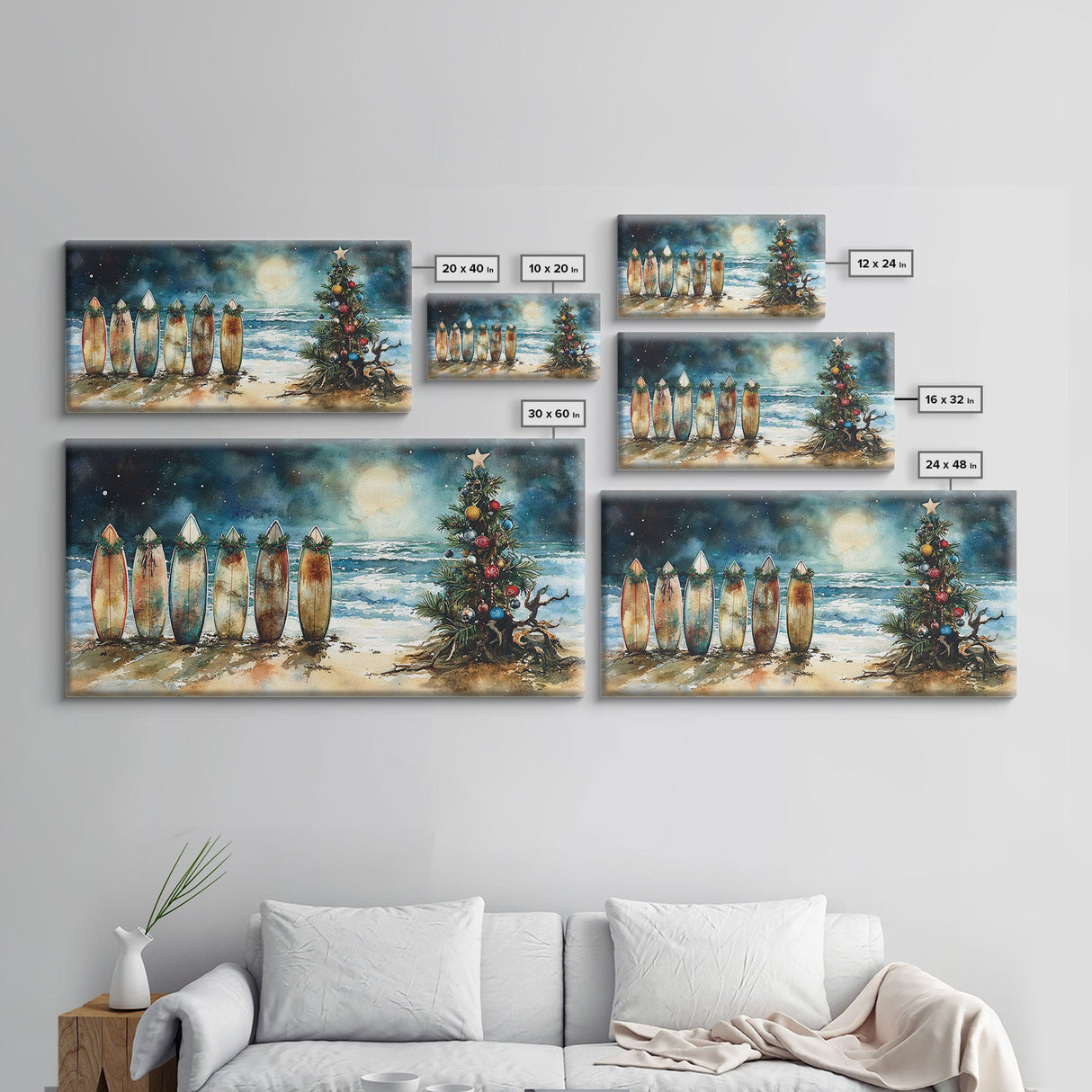 Canvas Print Surfboards and Christmas Tree at Beach, Tropical Christmas Decor, Beach Christmas Art, Coastal Holiday Wall Art