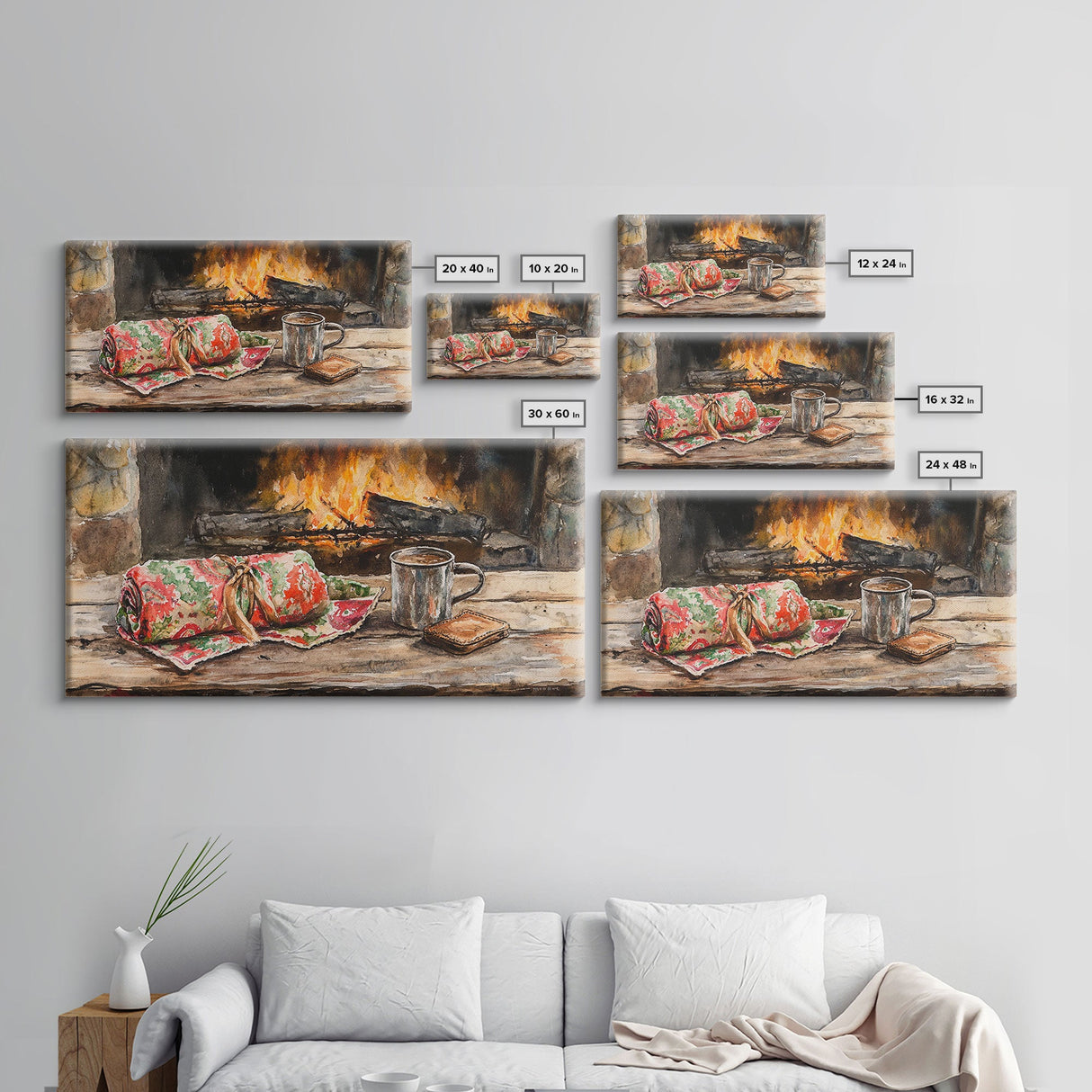 Canvas Print Cozy Fireplace with Christmas Blanket and Mug, Rustic Christmas Decor, Holiday Home Art, Warm Christmas Wall Art