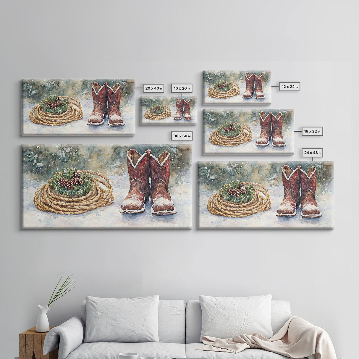 Canvas Print Cowboy Boots with Christmas Wreath and Rope, Rustic Christmas Decor, Winter Western Holiday Art, Farmhouse Wall Print