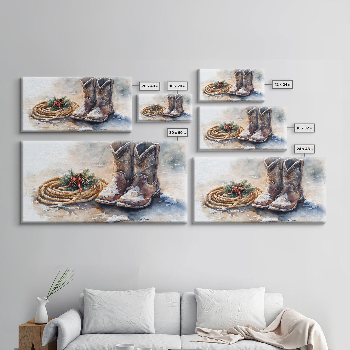 Framed Canvas Print Cowboy Boots and Rope with Pinecones, Rustic Winter Decor, Western Christmas Art, Perfect Holiday Wall Print