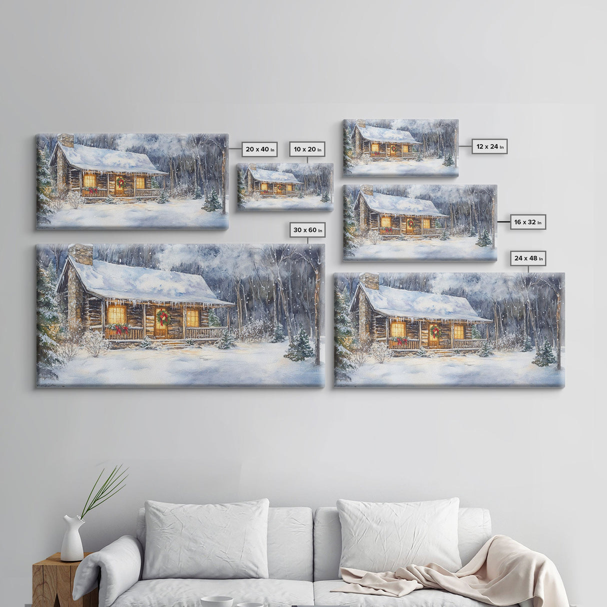 Snowy cabin Christmas decor, winter wonderland wall art, rustic farmhouse Christmas print, cozy country home decor, framed canvas print