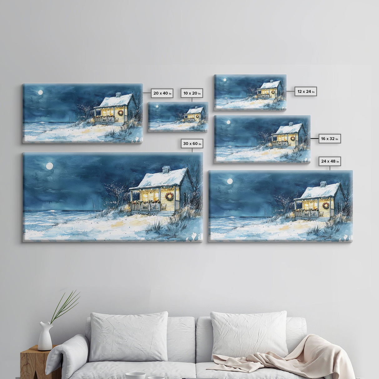 Coastal Christmas cabin decor, winter beach house art, snowy holiday seaside print, cozy Christmas wall art, framed canvas print