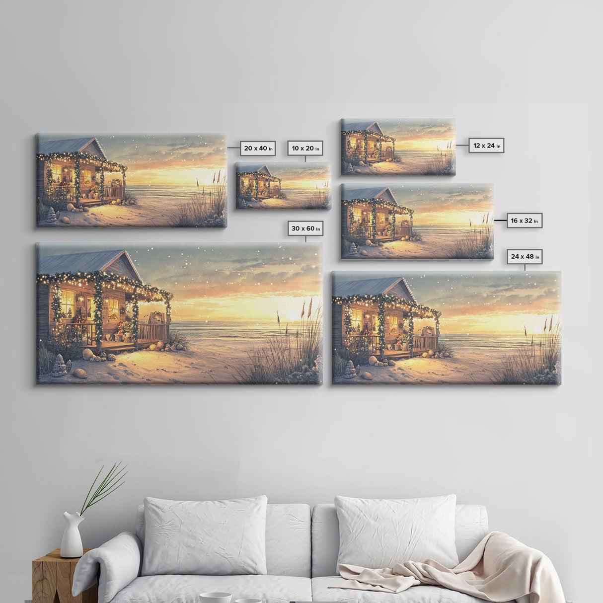 Christmas beach house decor, coastal holiday home art, seaside Christmas wall art, festive beach house print, framed canvas print