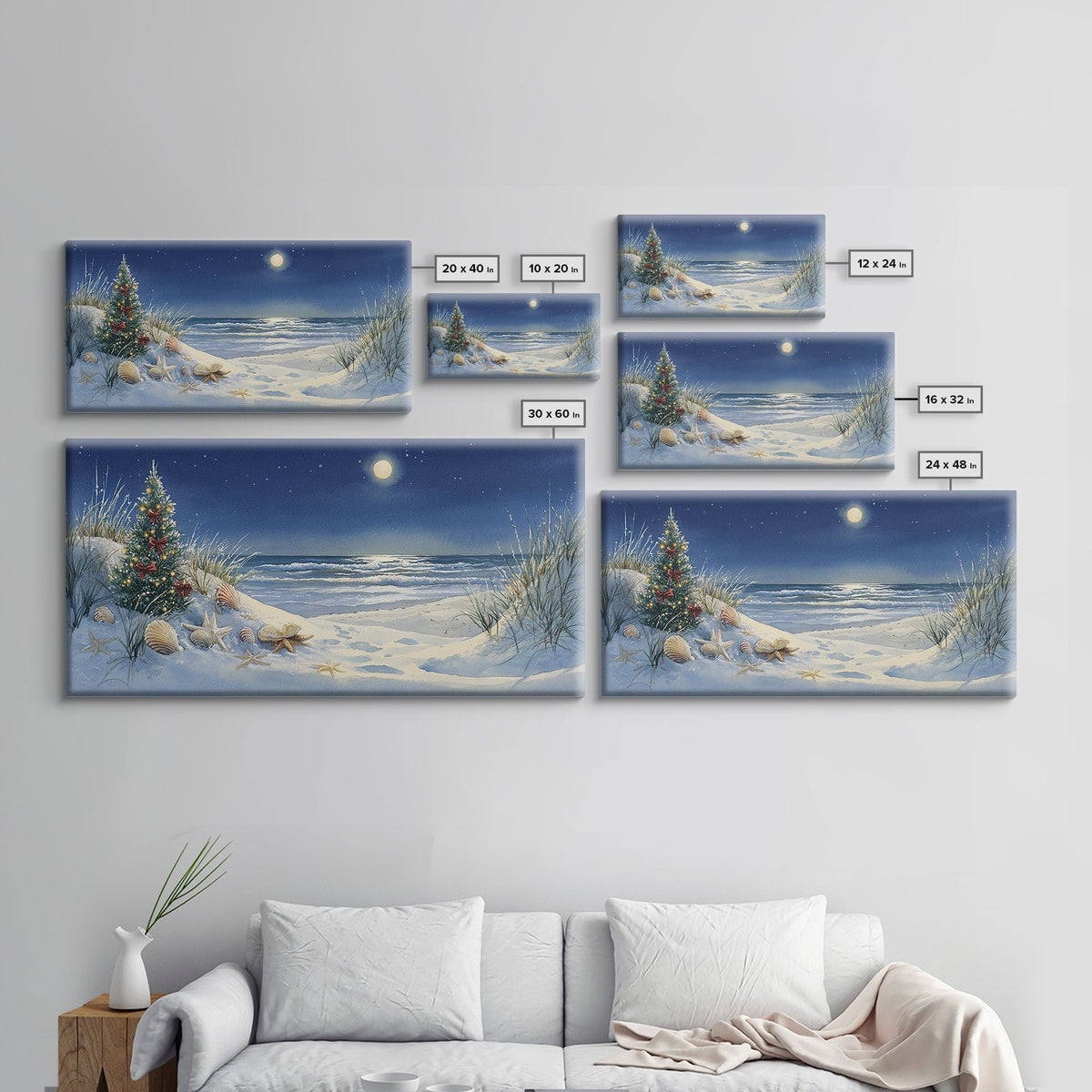 Christmas Tree on Snowy Beach with Full Moon, Framed Canvas Print, Coastal Christmas Art, Nautical Holiday Decor, Winter Wonderland, Beach