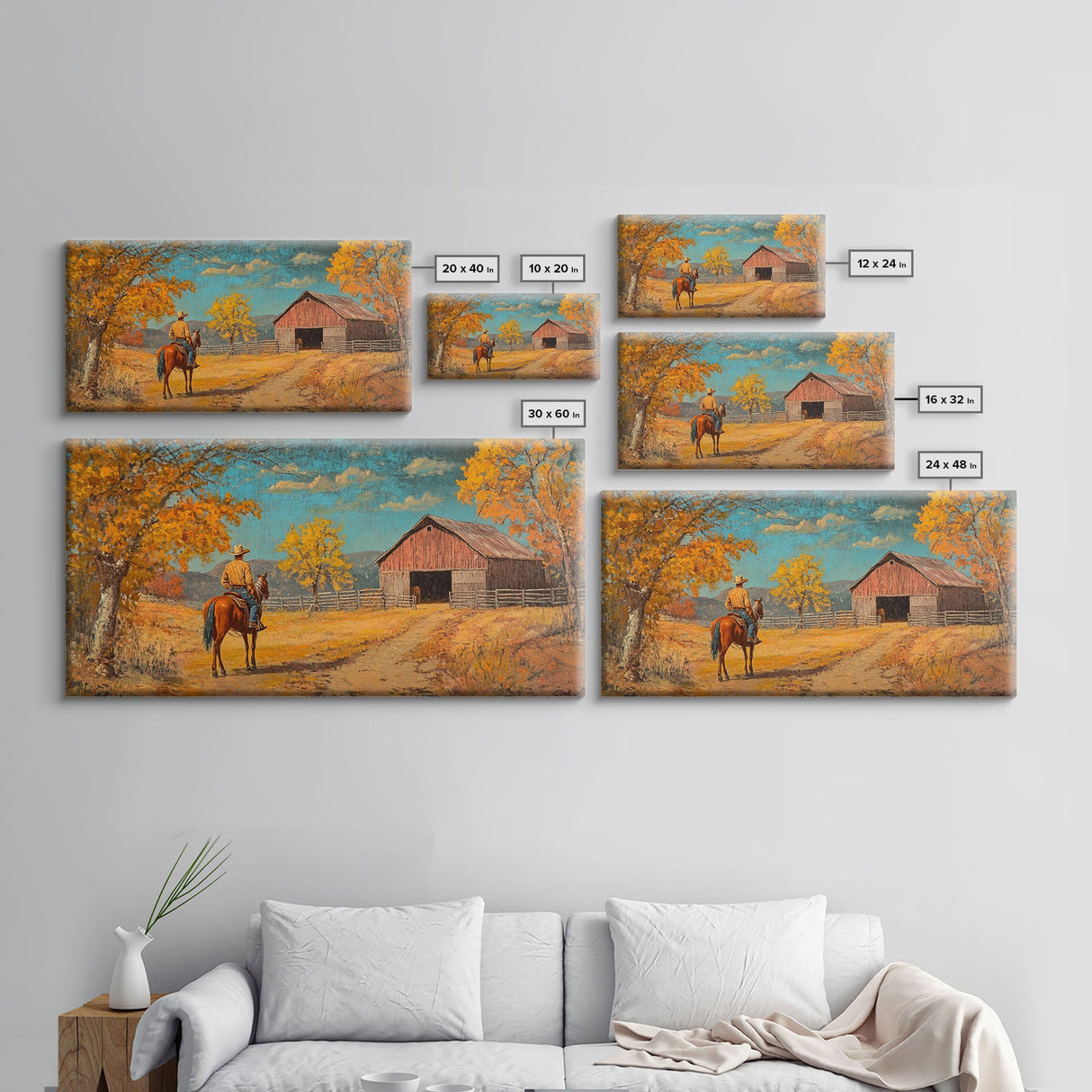Cowboy Horse Autumn River Framed Canvas Print Perfect Above Sofa Fall Cowboy Art Moody Landscape Fall Western Wall Art