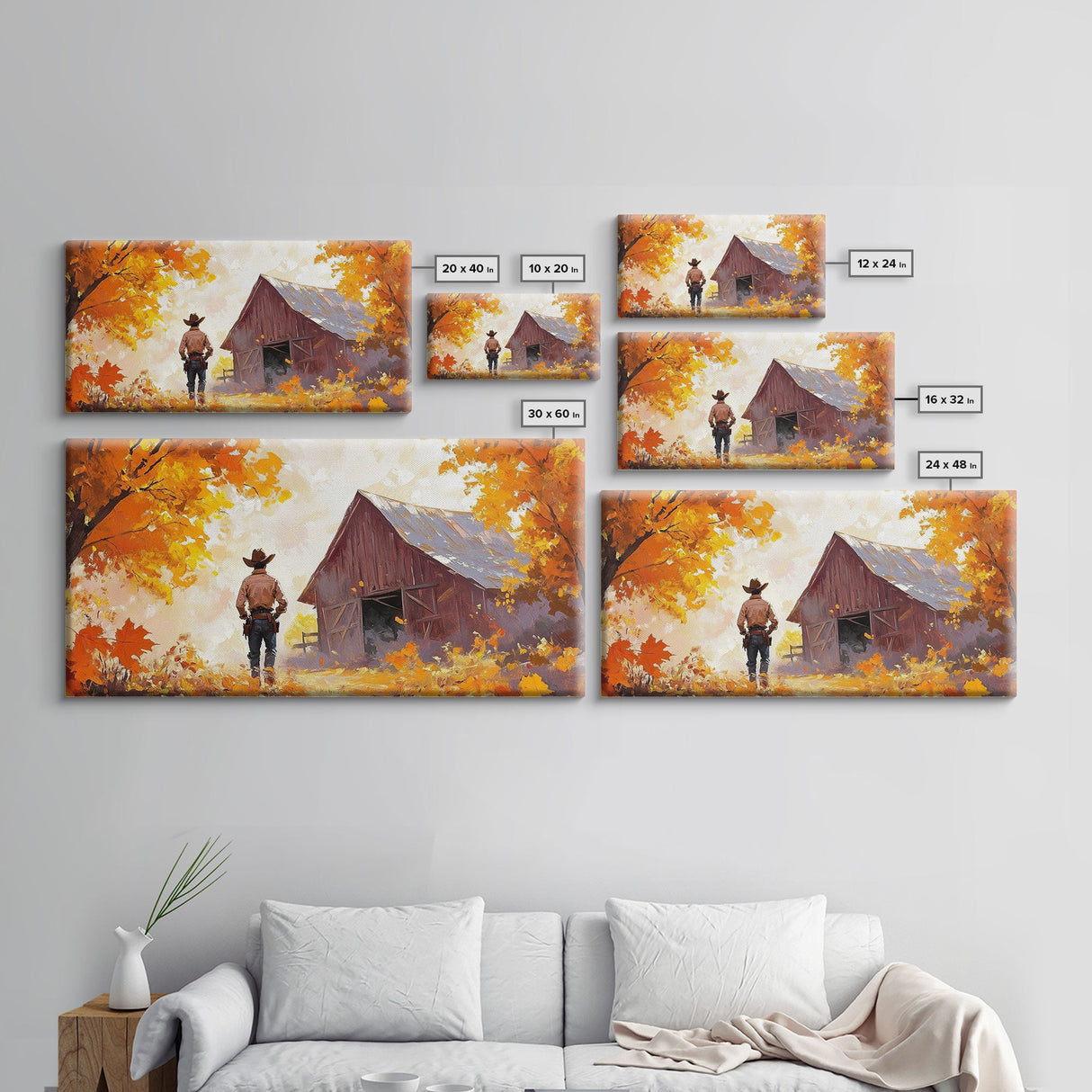 Cowboy and His Barn, Framed Canvas Print, Landscape Art Christmas Cowboy Holiday Art Wall Decor Seasonal