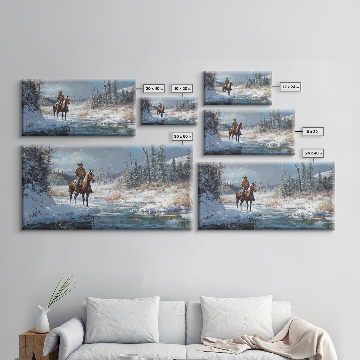 Cowboy riding horse through vibrant autumn forest, Framed Canvas Print, tall fall wall art, rustic western decor, moody landscape